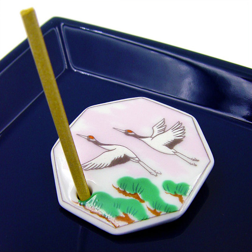 Spring Cranes Porcelain Tile on a tray with incense.
